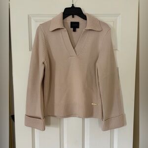 Beige 100% merino wool  V-Neck Sweater with rolled cuffs